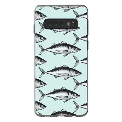 Fish pattern phone case with blue background and monochrome fish design.