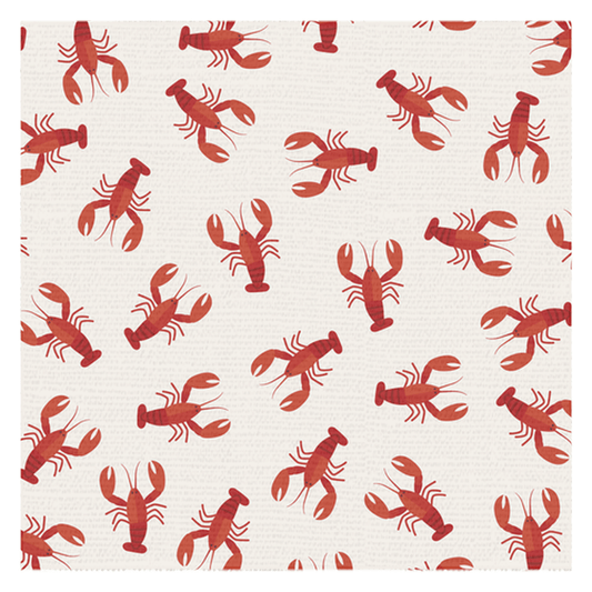 Festive crayfish crawfish tablecloth with vibrant red crustaceans on a white background, perfect for adding an aquatic touch to any dining setting.