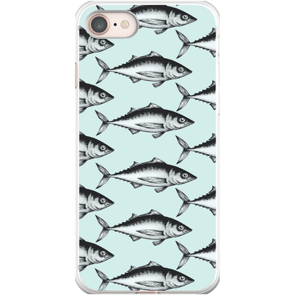 "Stylish phone case with vintage fish pattern on a light blue background"