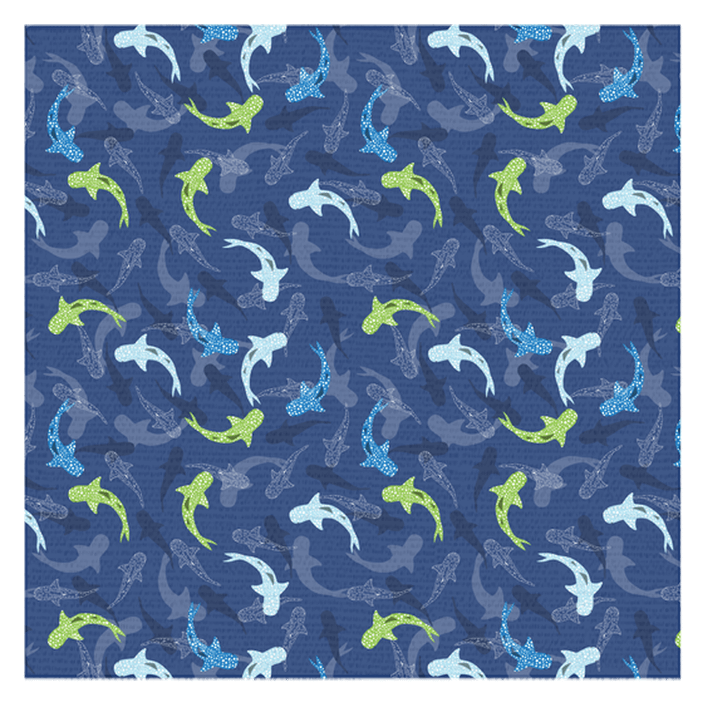 Reef Sharks Design Tablecloth featuring colorful shark patterns on a dark blue background, perfect for adding a coastal touch to your dining area.