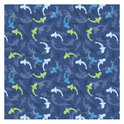 Reef Sharks Design Tablecloth featuring colorful shark patterns on a dark blue background, perfect for adding a coastal touch to your dining area.