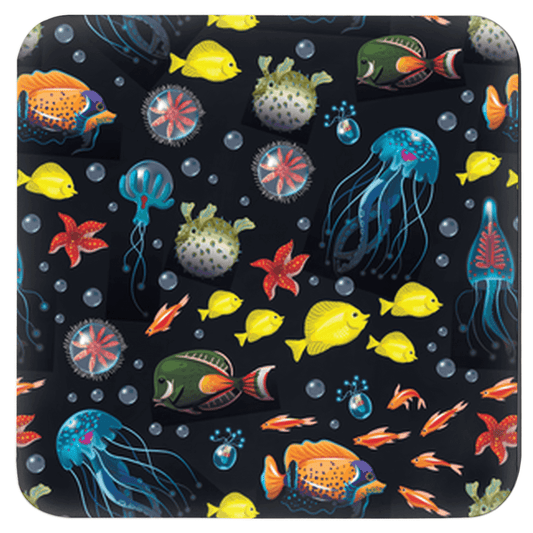 Colorful drink coaster with Deep Sea Fish and Jellyfish design, perfect for fun drink coasters set.