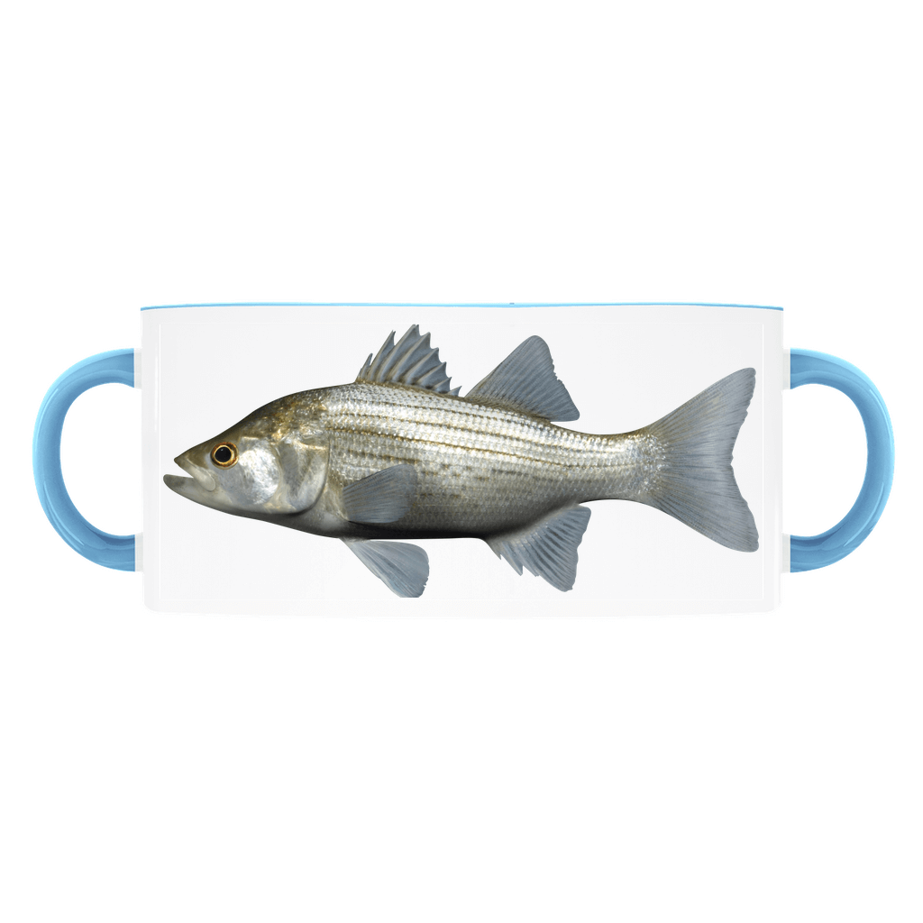 Mug with a realistic striped bass fish illustration and blue handles on a white background.