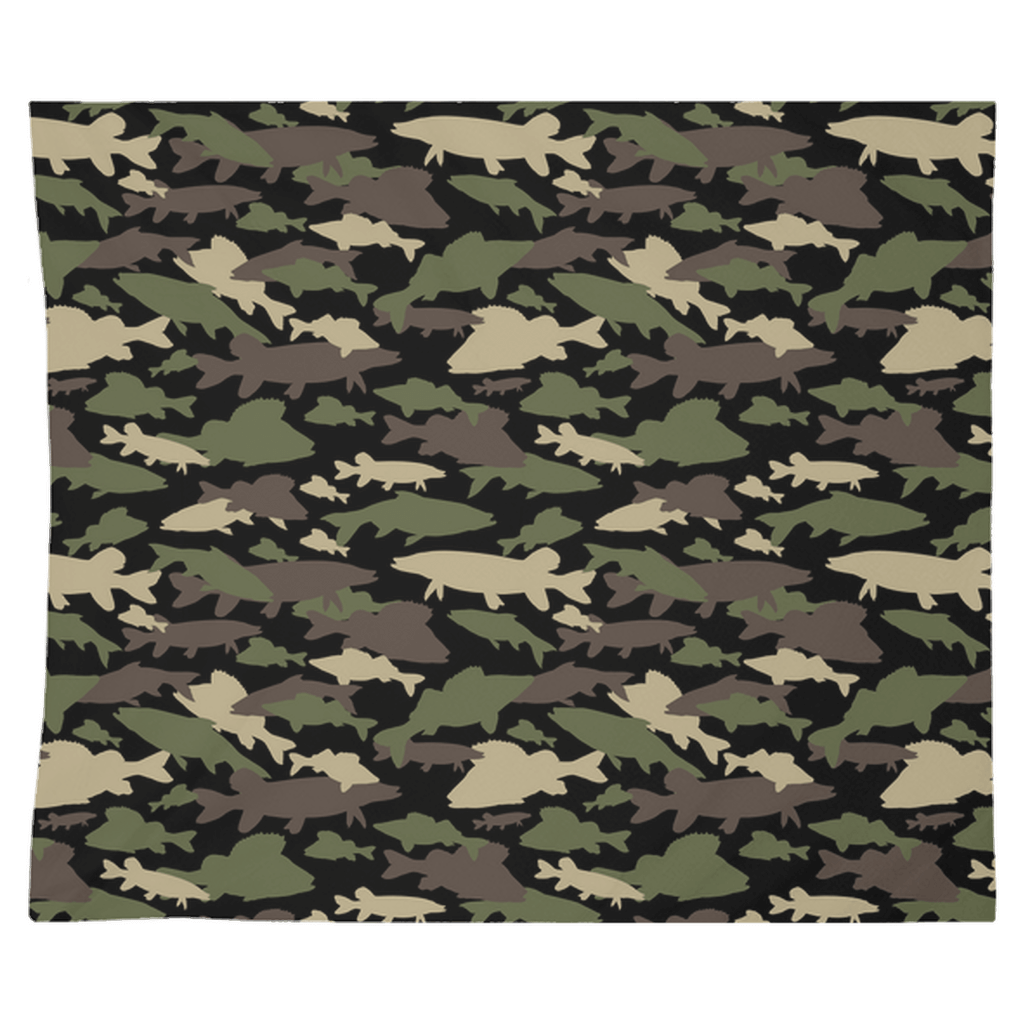 Fish camo pattern wall tapestry featuring fish themed wall art in green, brown, and black tones. Perfect for fish décor enthusiasts.