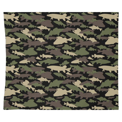 Fish camo pattern wall tapestry featuring fish themed wall art in green, brown, and black tones. Perfect for fish décor enthusiasts.