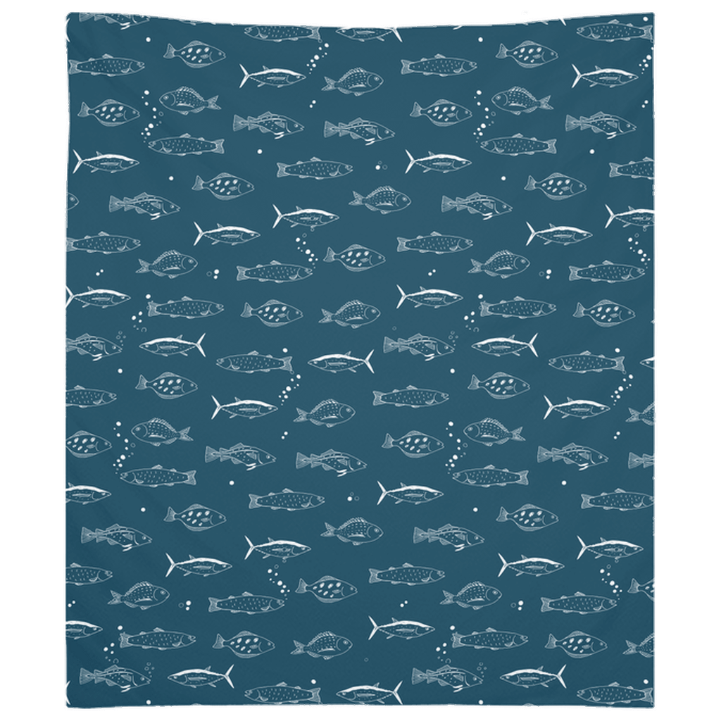 Blue Sealife Sketch wall tapestry featuring various fish for a stylish fish décor touch, perfect for enhancing any room's aesthetic.