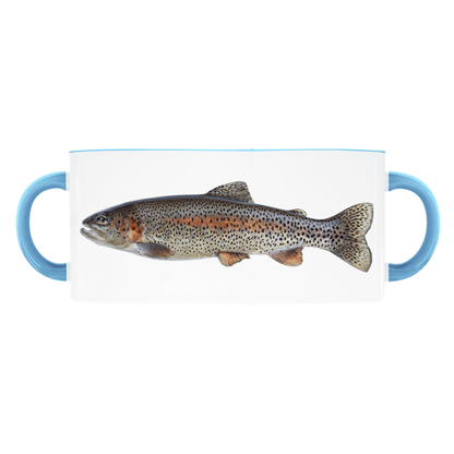 Ceramic mug featuring a realistic trout design with blue handles, ideal for fishing enthusiasts and nature lovers.