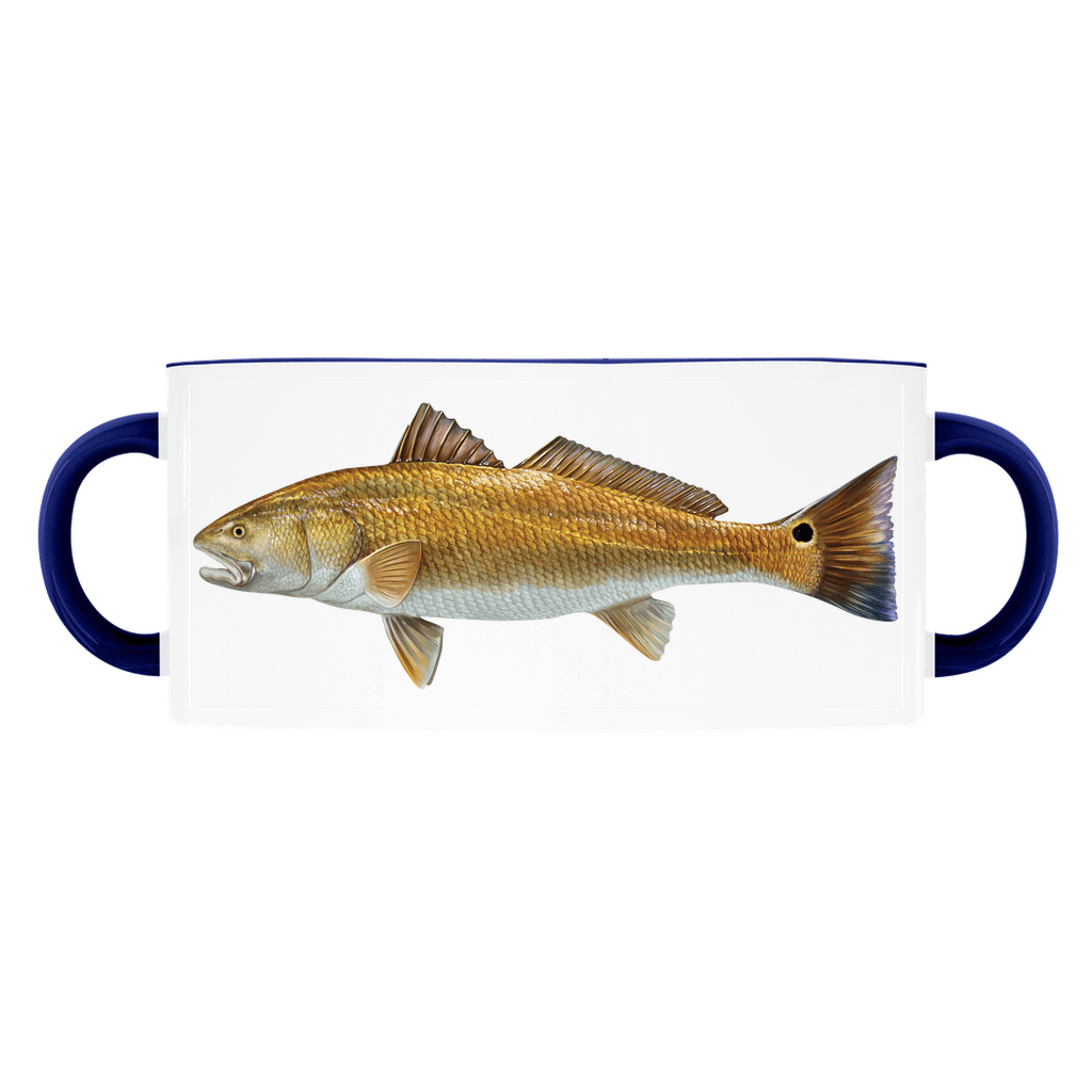 Ceramic mug featuring a detailed illustration of a red drum fish with blue handles.