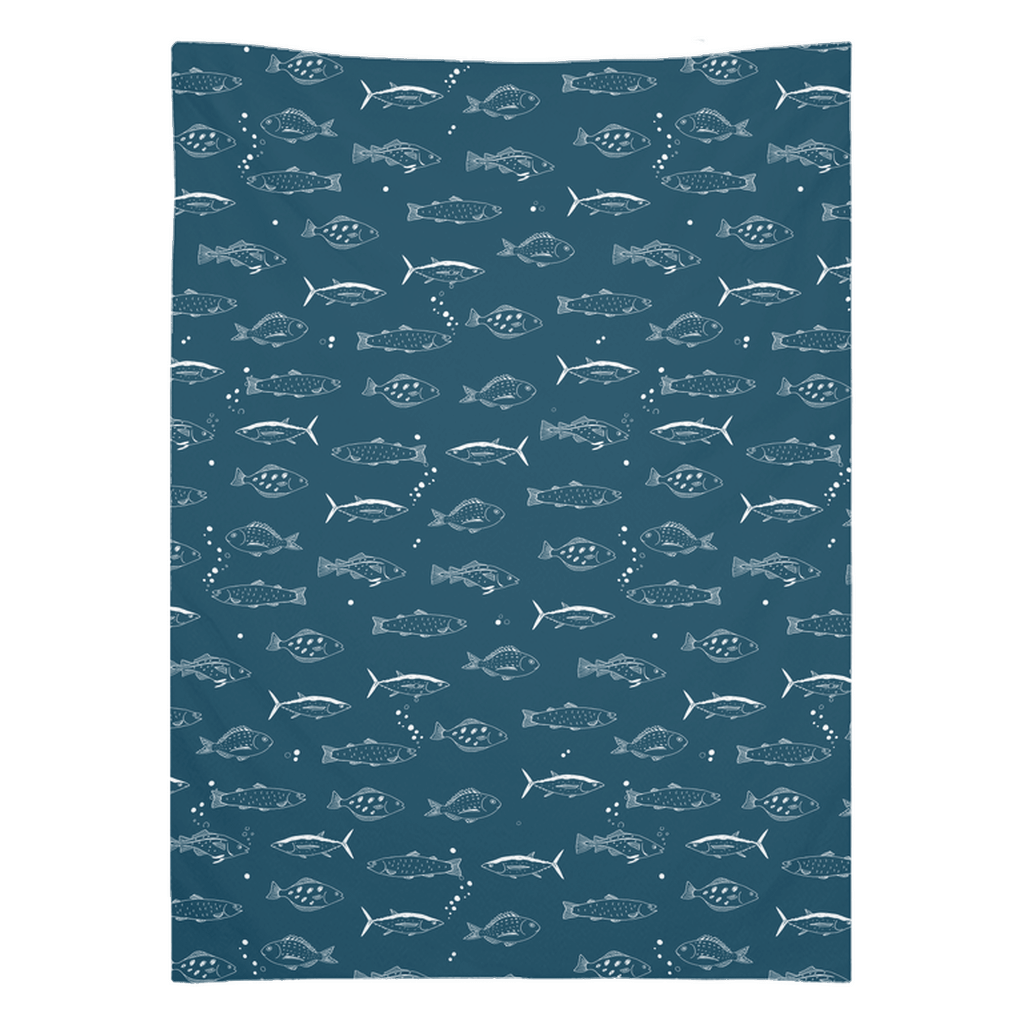 "Sealife Sketch wall tapestry with fish décor pattern in blue tones adds ocean charm to any room."