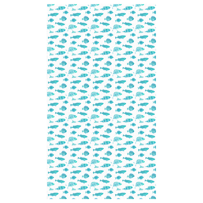 Watercolor blue green fish tablecloth adding aquatic flair to a dining or outdoor table