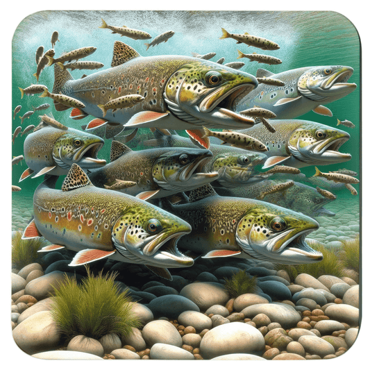 Vivid Brook Trout coaster illustration with a school of fish swimming underwater.