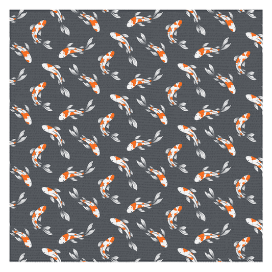 Gray tablecloth with vibrant orange and white Koi Fish pattern