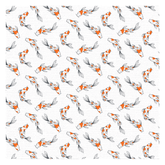 Koi fish patterned tablecloth with an aquatic theme on a white background.