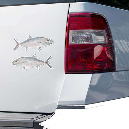 Amberjack fish stickers on truck, weather resistant and vivid, perfect for fishing enthusiasts looking to personalize their vehicle.