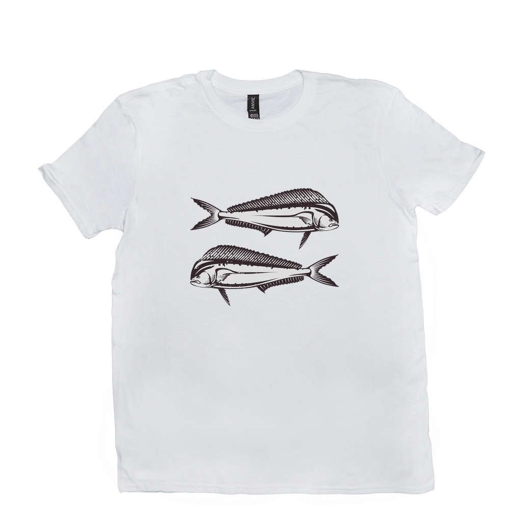 White Mahi-Mahi T-Shirt with artistic black fish design, perfect for fishing enthusiasts and anglers, made from 100% cotton.