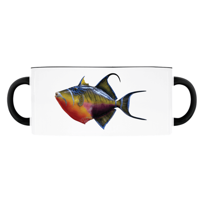 Colorful triggerfish illustration on a white ceramic mug with black handles.