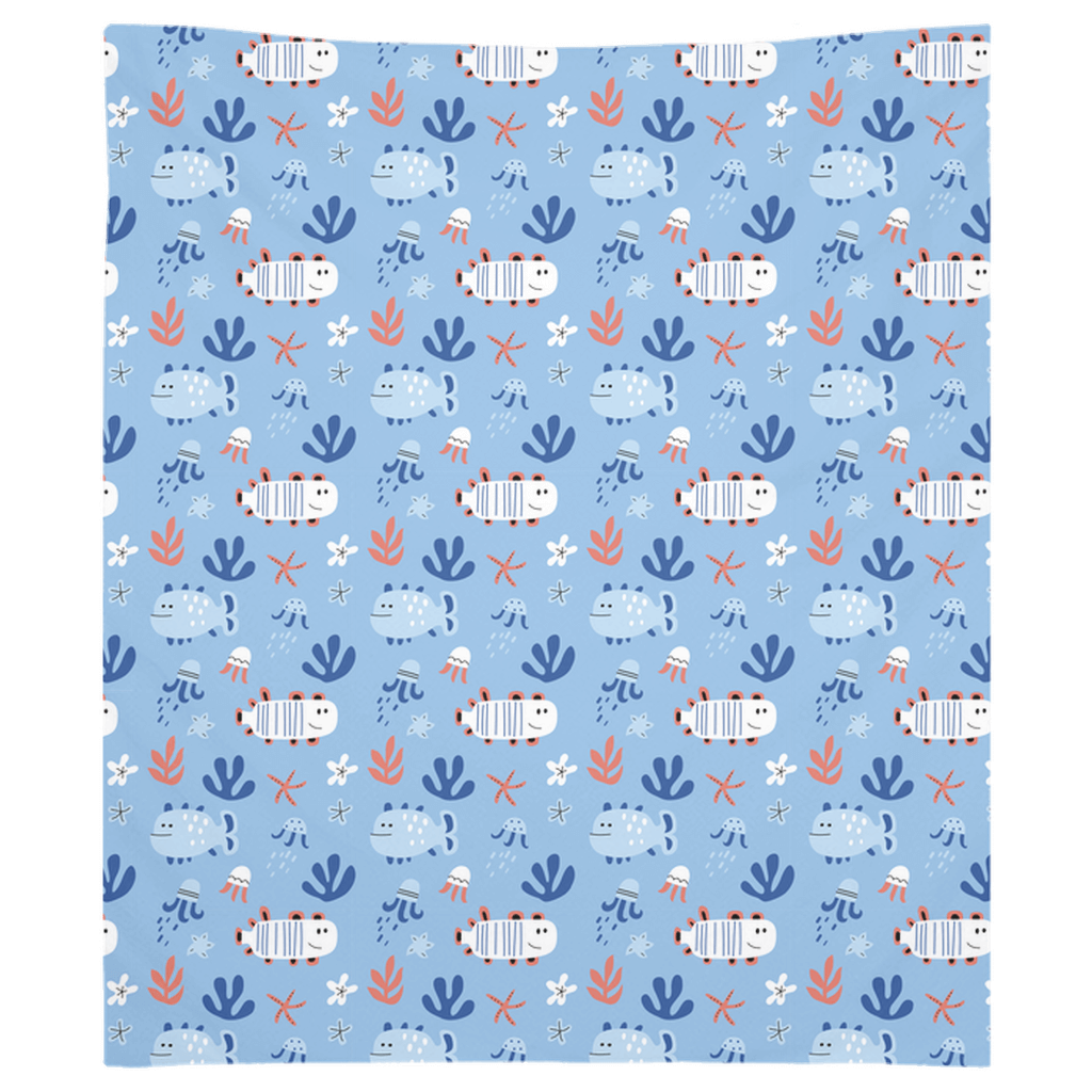 Cute fish decor wall tapestry featuring playful fish patterns in blue and red, perfect for adding charm to any room.