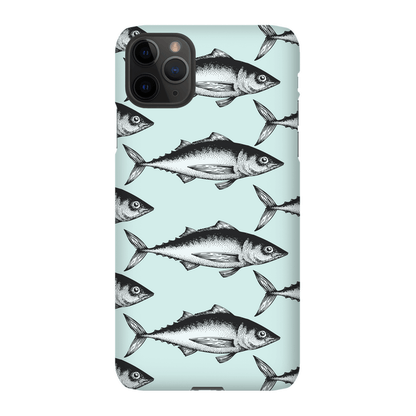 Phone case featuring a stylish black and white fish pattern on a light blue background.