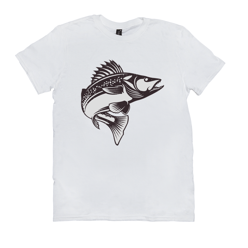 White Walleye T-Shirt featuring a black and white fish design, perfect for fishing and angling enthusiasts.