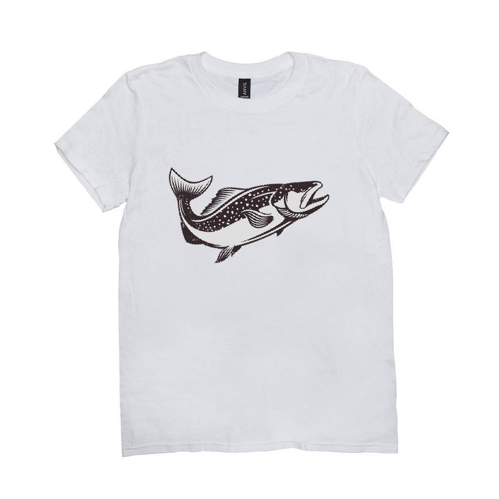 White Trout T-Shirt with black fish design for anglers and nature lovers.