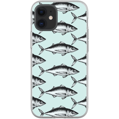 Phone case with fish pattern on light blue background, featuring repeated black fish illustrations.