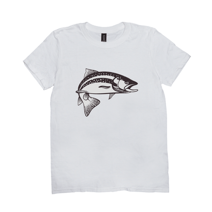 White Trout T-Shirt featuring black and white fish design, perfect for fishing and angling enthusiasts.