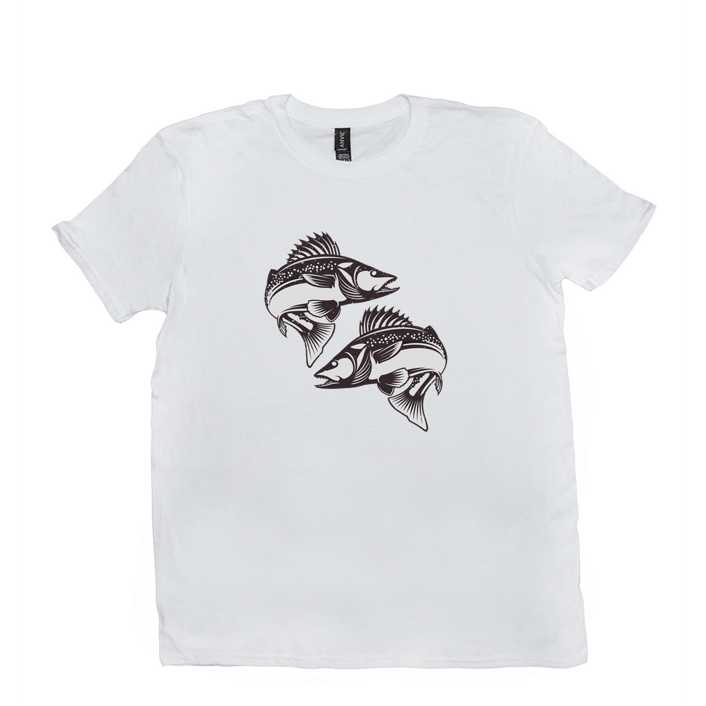 White Walleye T-Shirt with black and white fish design, perfect for fishing and angling enthusiasts