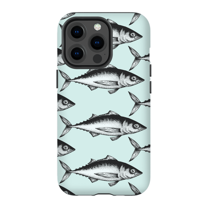 Stylish fish-patterned phone case design with detailed fish illustrations on a light blue background.