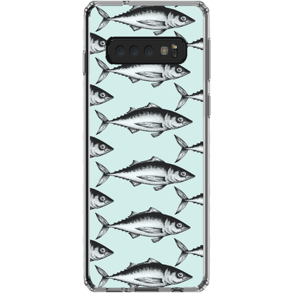 Clear phone case with fish pattern on light blue background for Samsung Galaxy.