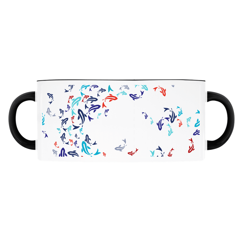 Karp, Koi Fish mug on a light blue background, with a dark blue handle and rim.