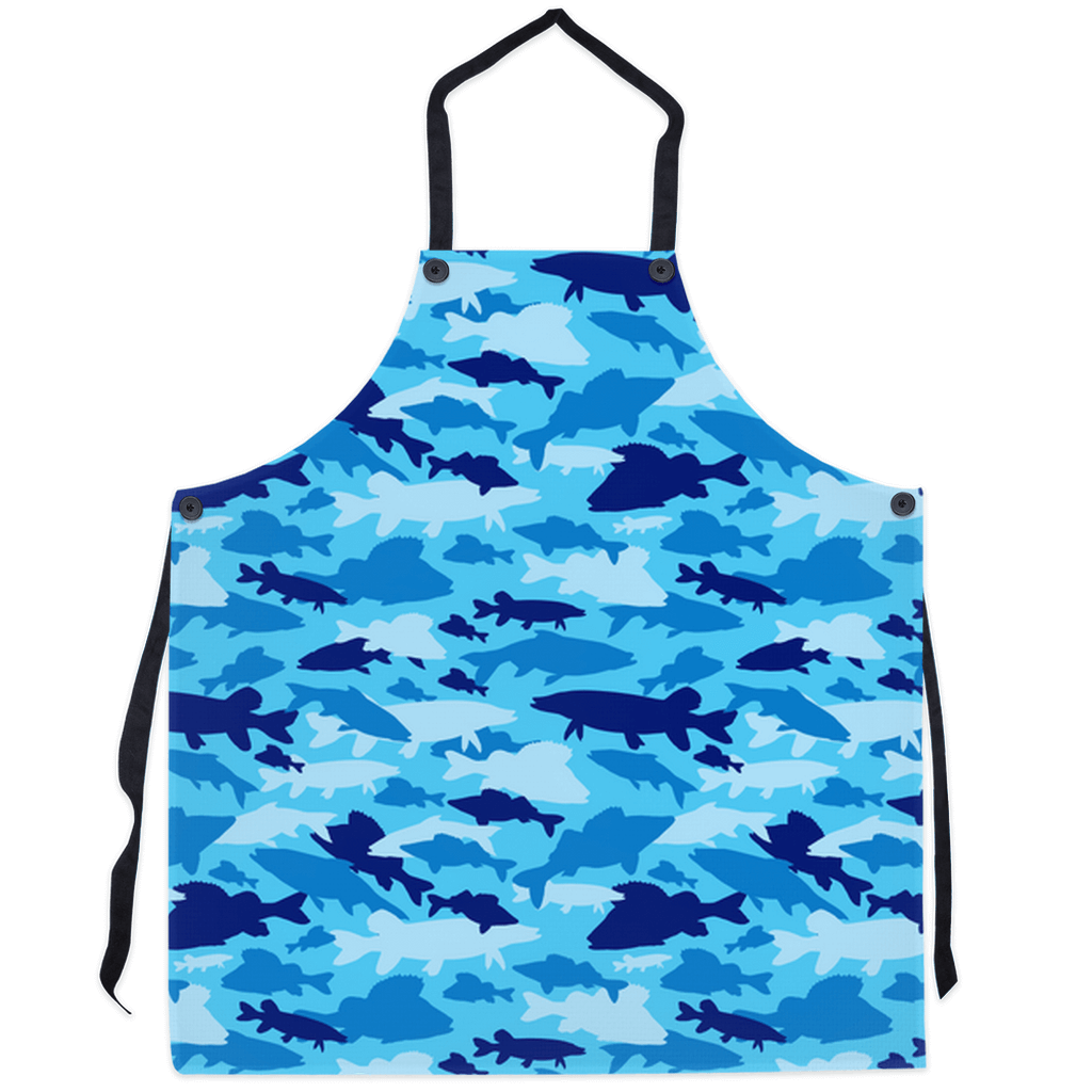 Blue camo apron with fish design, perfect for ocean lovers and fishing enthusiasts. Cool and stylish kitchen or craft accessory.