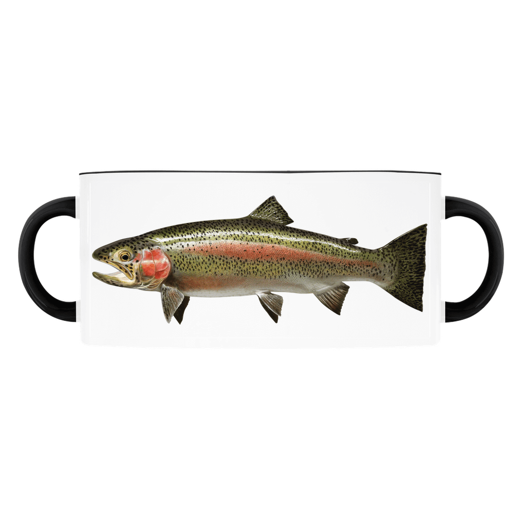 Rainbow Trout accent mug with black handle and rim on white background.