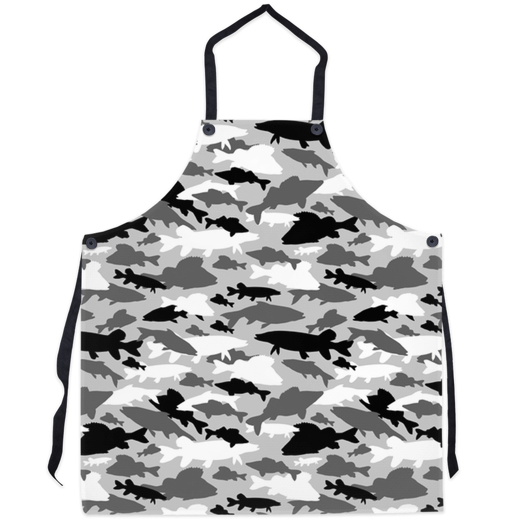 Grey apron with fish camo design, perfect for fishing enthusiasts and ocean lovers.