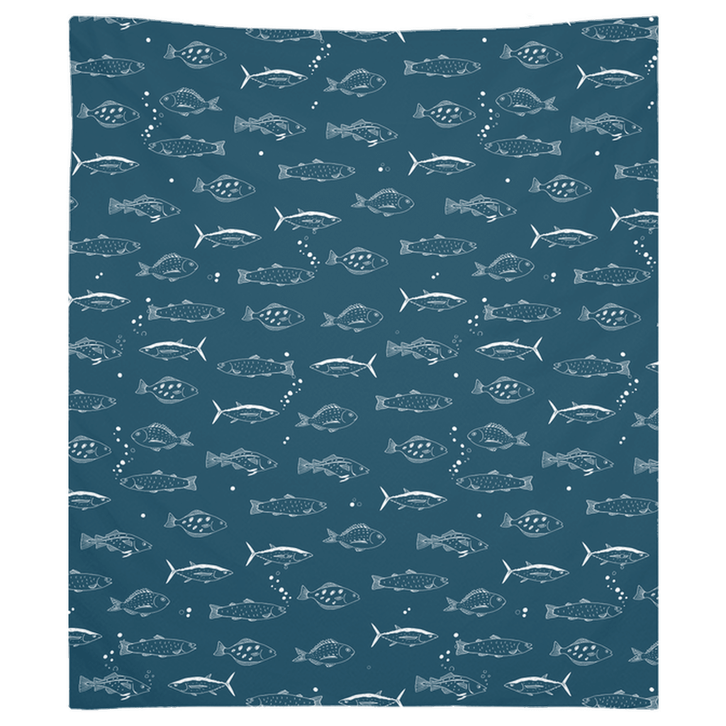 Ocean-themed tapestry with fish wall art on soft fabric.