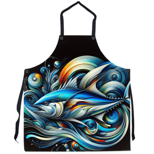 Psychedelic Bluefin Tuna apron with vibrant abstract design, bold colors, and intricate patterns, perfect for seafood enthusiasts and art lovers.