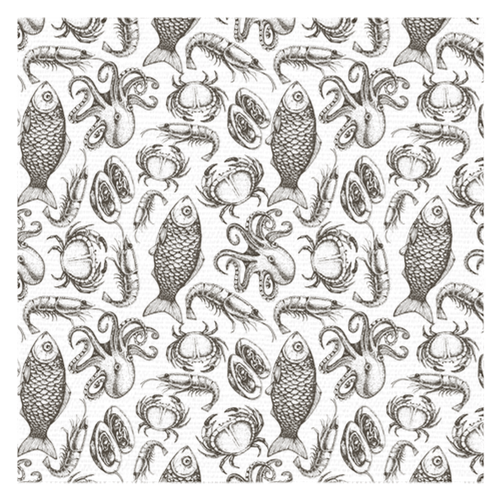 Black and white seafood sketch tablecloth featuring fish, octopuses, crabs, and more, perfect for adding a coastal touch to your table.