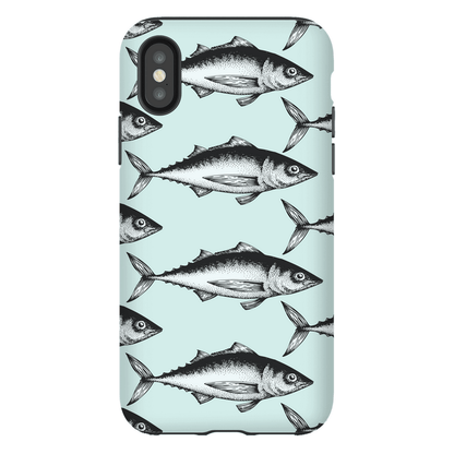 Fish pattern phone case with vintage design on a light blue background