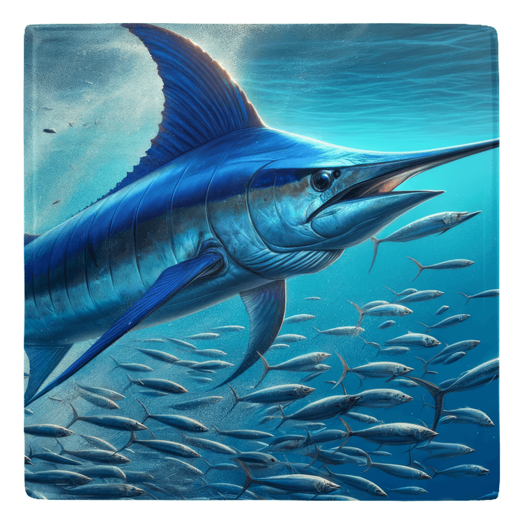 vibrant fish décor metal magnet with blue marlin swimming among small fish