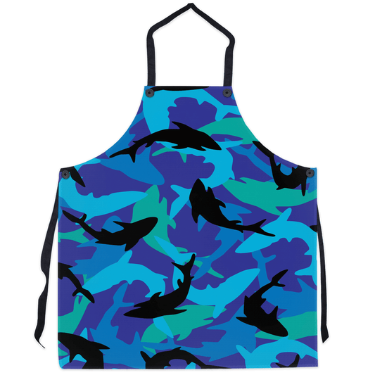 Blue and black shark pattern apron perfect for ocean enthusiasts and cooking fans.