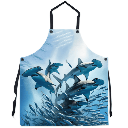 Blue apron with detailed hammerhead sharks swimming among fish, perfect for ocean adventure lovers and seafood enthusiasts.