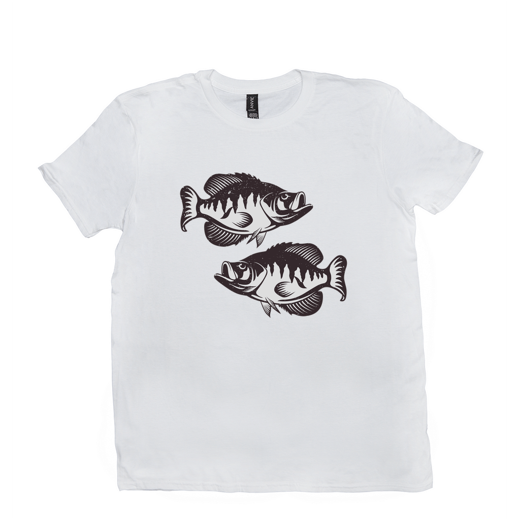 White Crappie T-Shirt with black fish design, perfect for fishing and angling enthusiasts, made of 100% soft cotton for comfort.