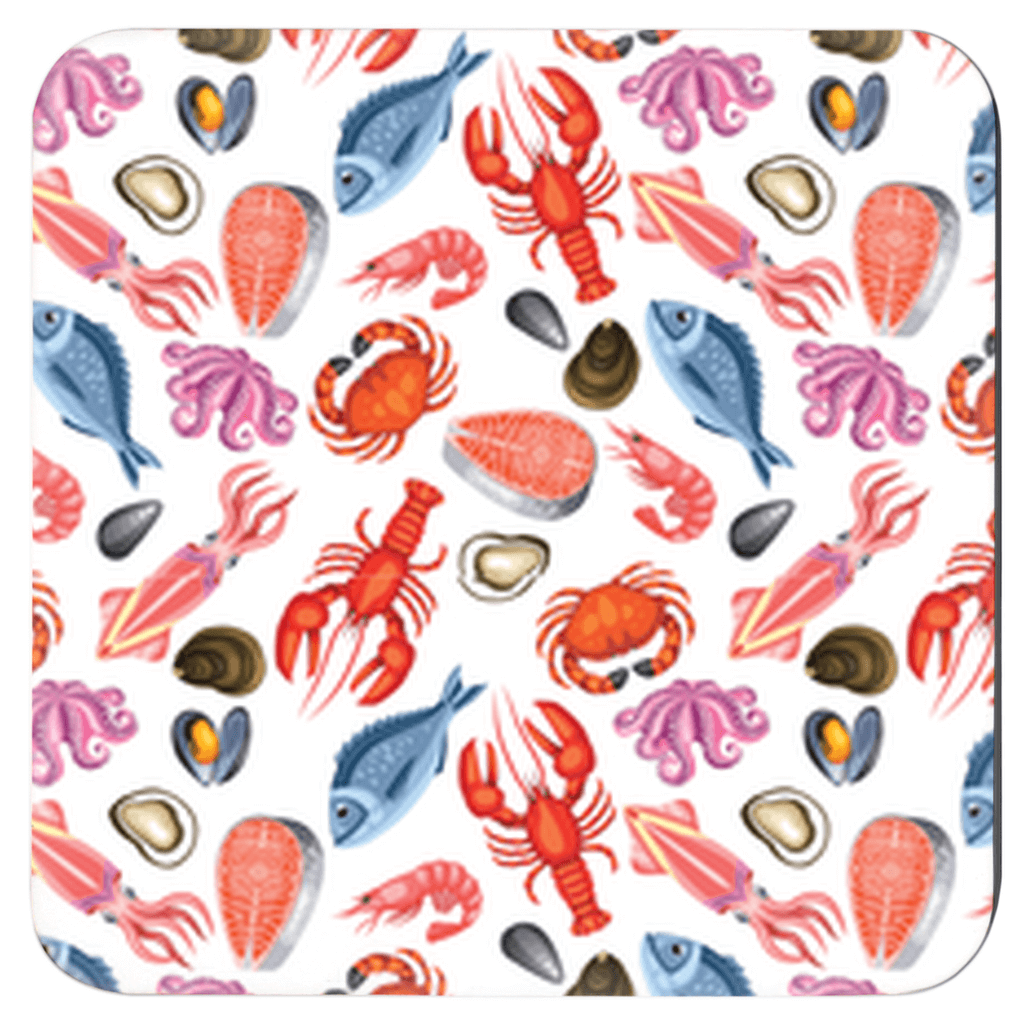 Colorful seafood-themed coaster featuring Lobsters, Fish, Octopus, and Shells in a playful design for drink coasters.