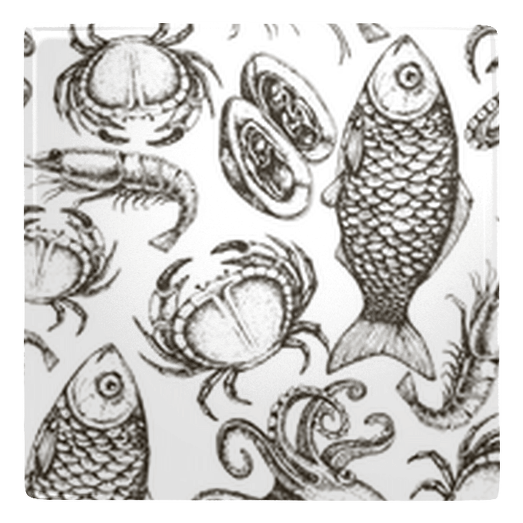 Nautical seafood sketch metal magnet with fish décor, crabs, and shells design. Perfect for fun kitchen magnets set.