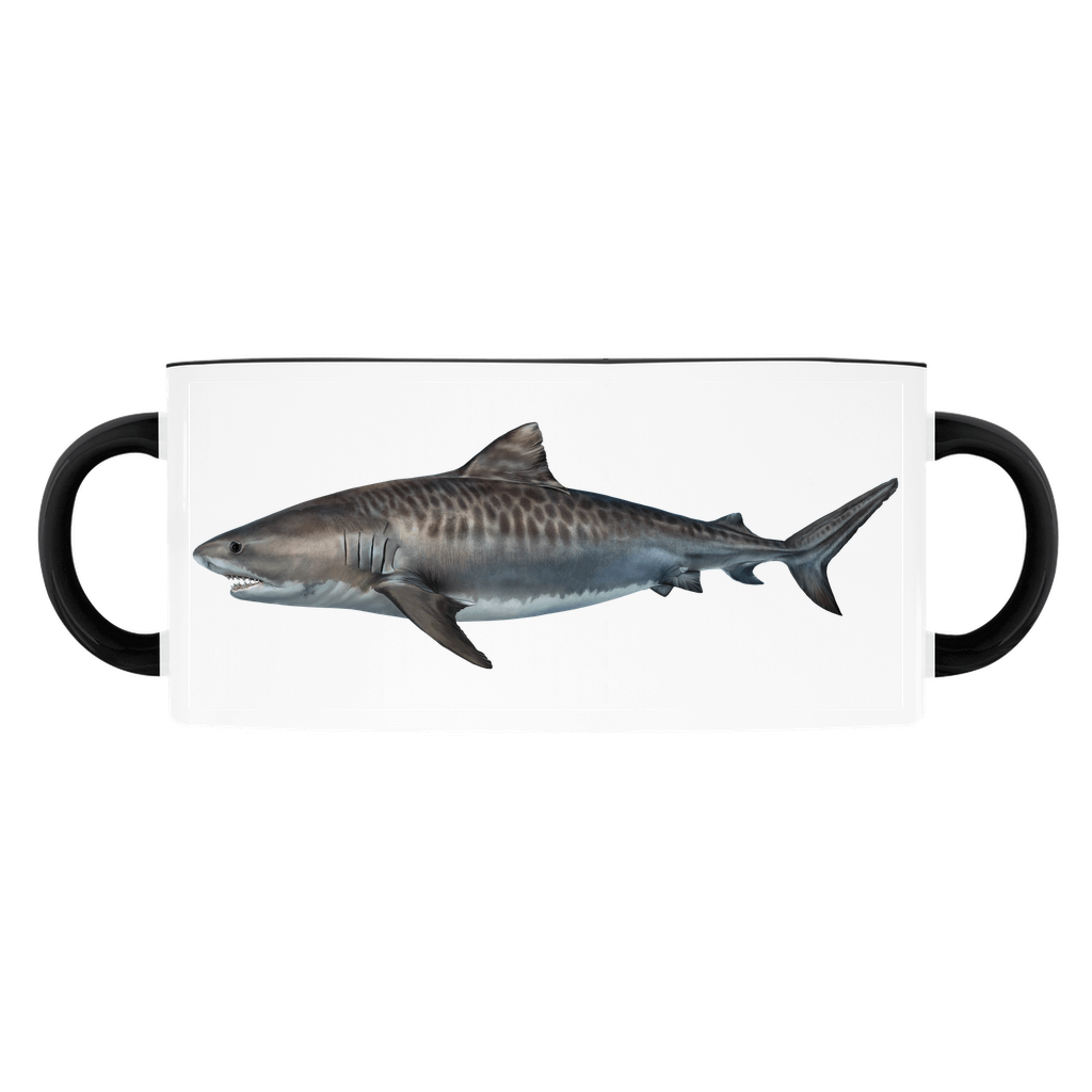 Ceramic mug with a realistic tiger shark illustration, featuring black handles.