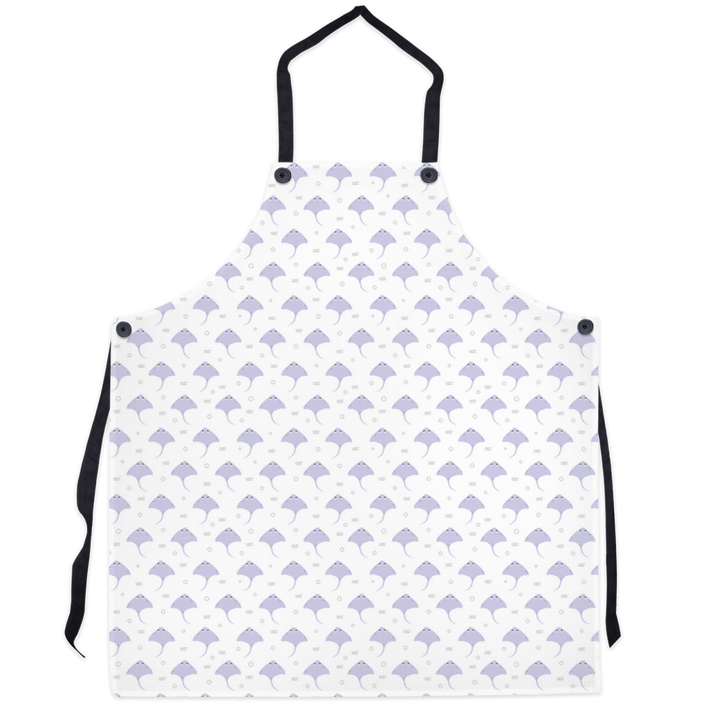 Purple stingray pattern apron with black straps, perfect for ocean lovers and home chefs.