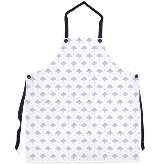 Purple stingray pattern apron with black straps, perfect for ocean lovers and home chefs.