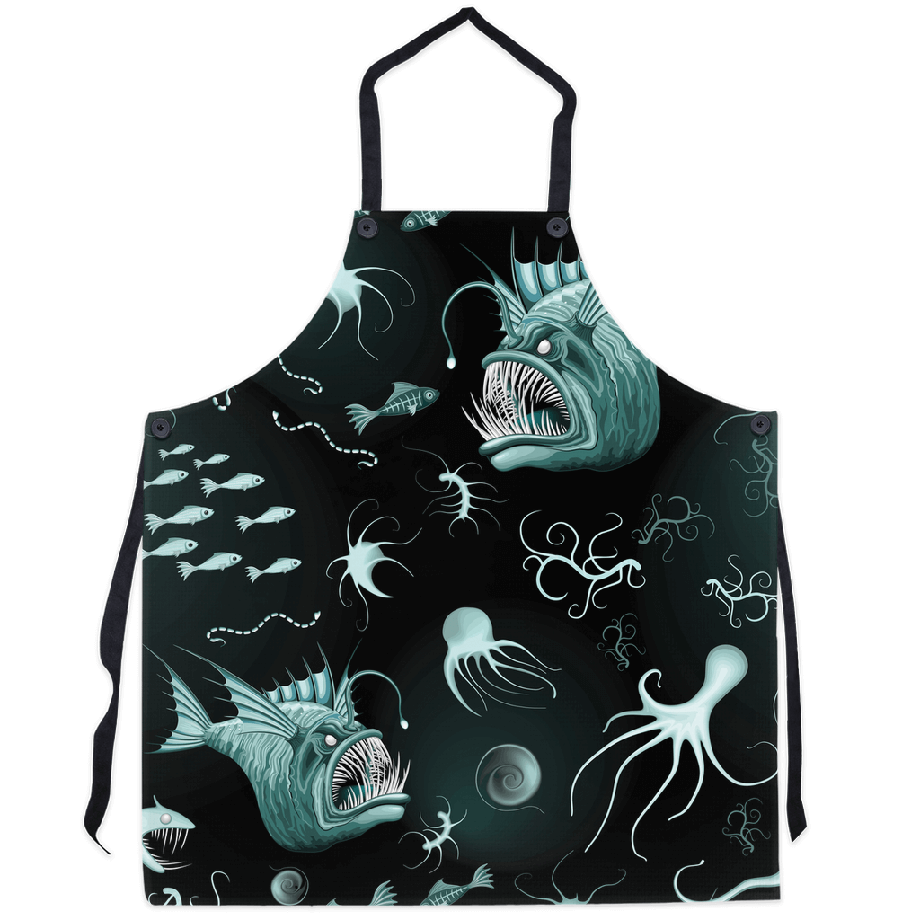 Anglerfish design apron with deep sea creatures, perfect for ocean lovers