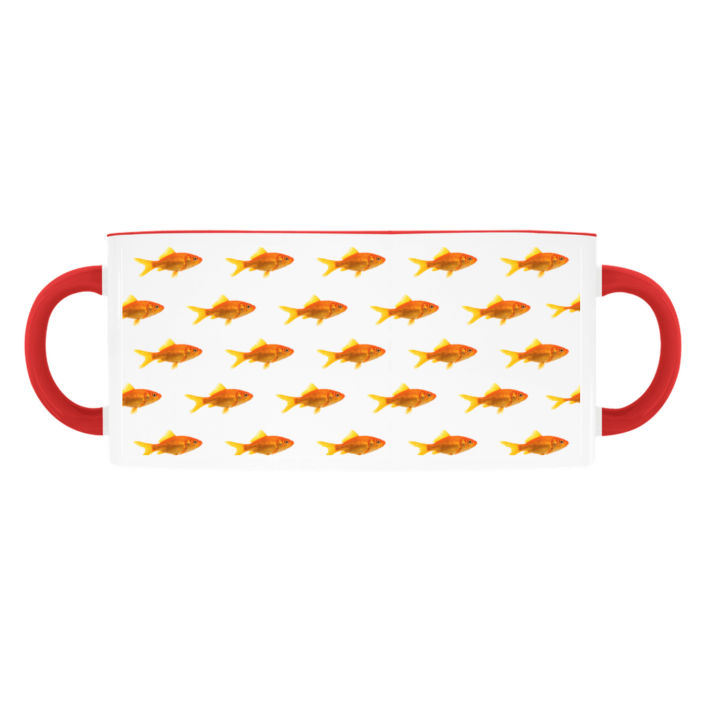 Goldfish mug on a light blue background, with a black handle and rim.