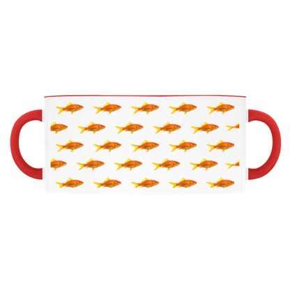 Goldfish mug on a light blue background, with a black handle and rim.