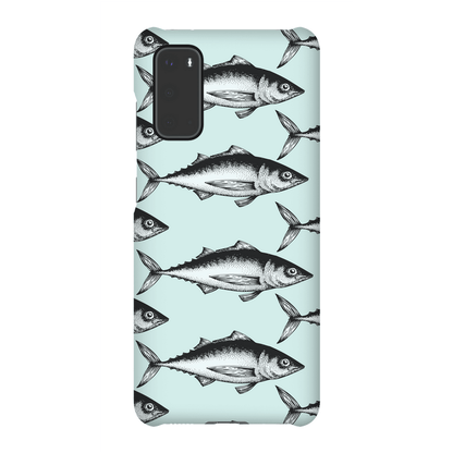 Phone case with vintage fish pattern on a light blue background